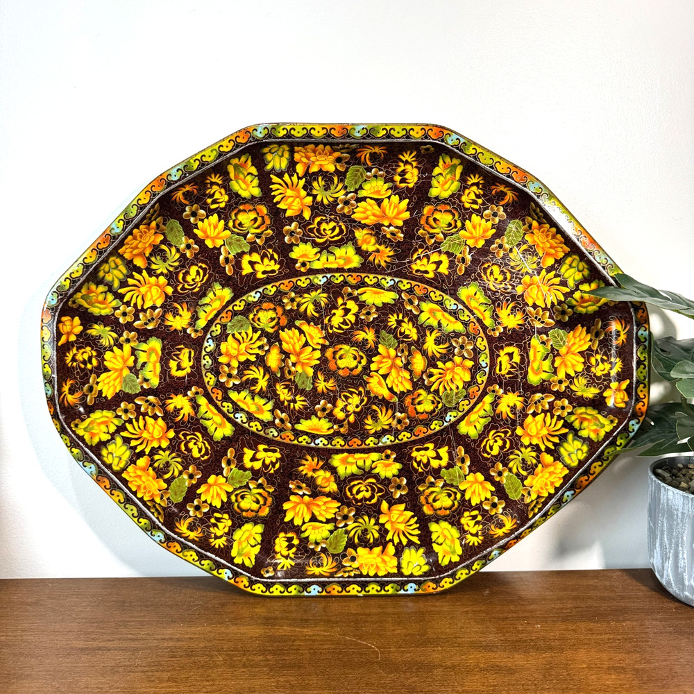 Vintage Daher Metal Serving Tray Oval Shaped Floral Brown Yellow Orange 17"